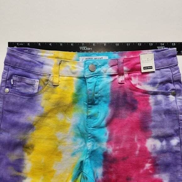 Judy Blue NWOT Snow Cone Tie Dye Cut Off Denim Shorts M Colorful Stretch Rainbow - Picture 5 of 8